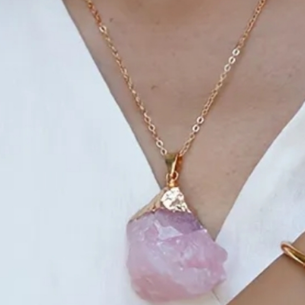 Rose Quartz Crystal Pendant Necklace - Gold Boho Healing Stone • NWOT